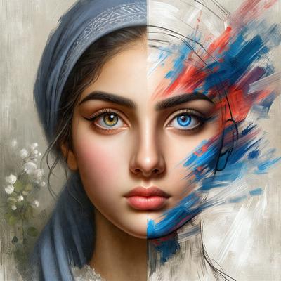 The primary subject of the image is a woman with a blue eye and a pink eye. She is wearing a blue headscarf and has a blue and red background. The visual style of the image is a painting, and the colors and mood convey a sense of contrast and uniqueness.
